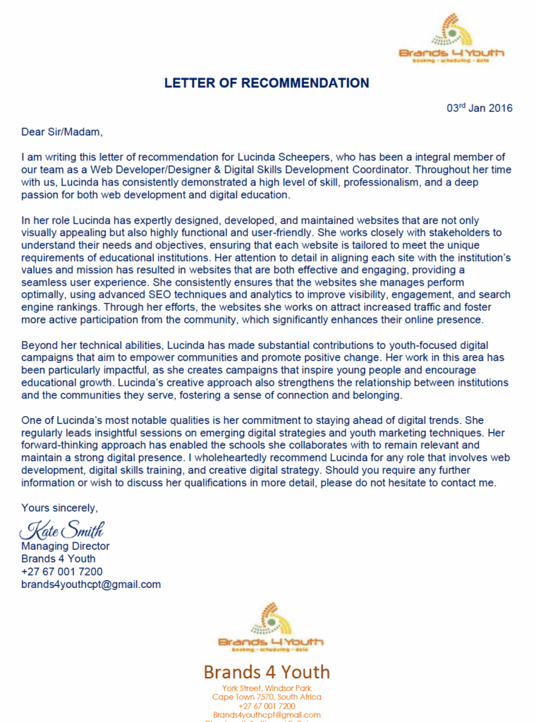Brands 4 Youth letter of recommendation